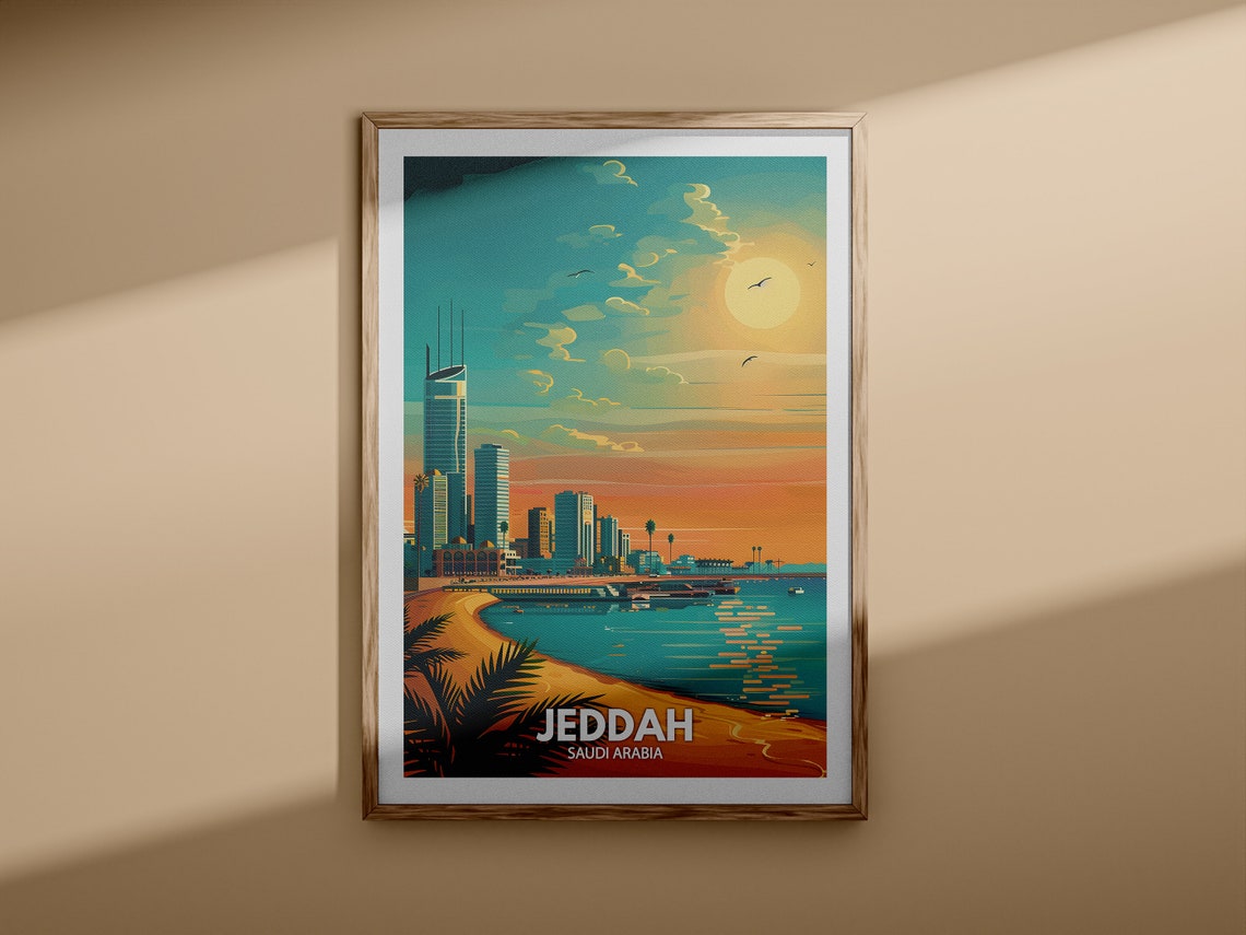 Jeddah Saudi Arabia Waterfront Sunset Skyline Vintage Travel Poster - Image 3