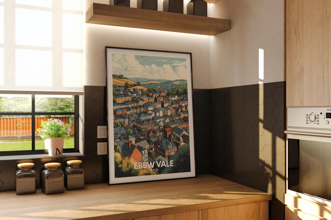 Ebbw Vale Wales Hillside Town Roofs Scenic Vintage Style Travel Poster - Image 2