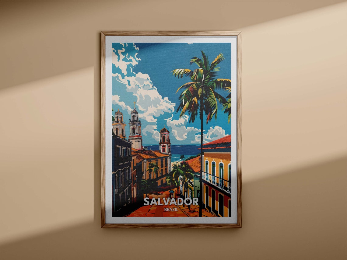 Salvador Brazil Colonial Street Churches Palm Tree Travel Poster - Image 3
