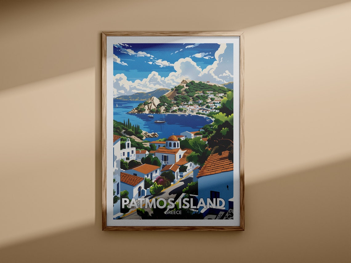 Patmos Island Greece Bay Village with Orange Dome Church Travel Poster - Image 3