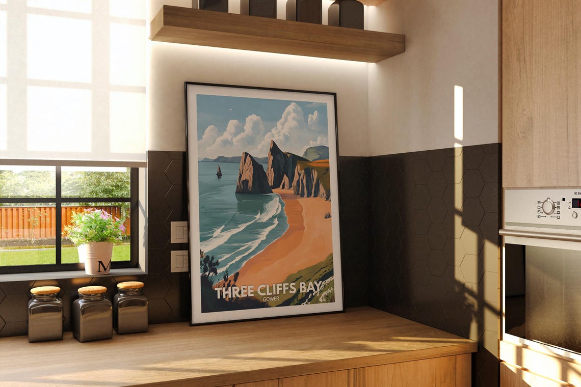 Three Cliffs Bay Gower Wales Sea Cliffs Golden Beach Travel Poster - Image 2