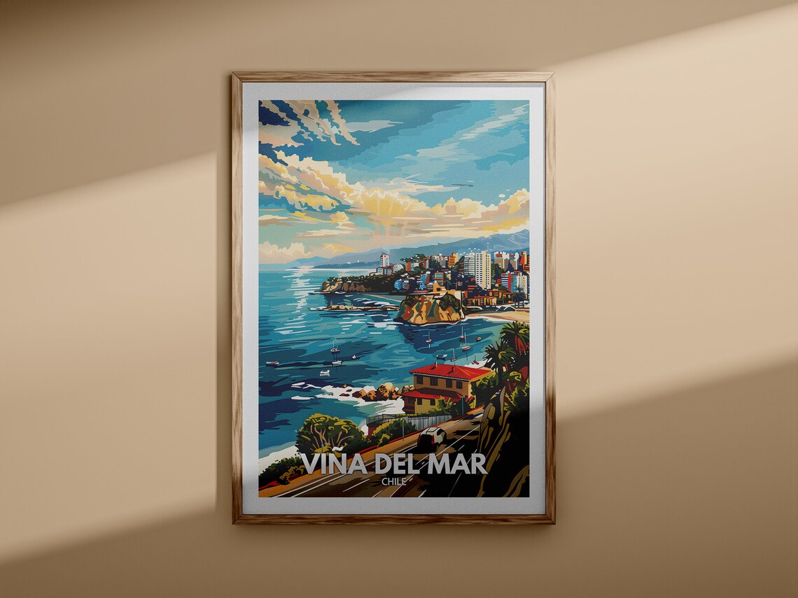 Viña del Mar Chile Coastal City Beach Bay Vintage Travel Poster - Image 3