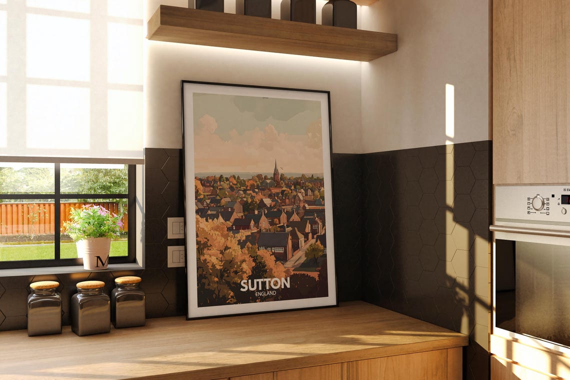 Sutton England Autumn Rooftops with Church Spire Vintage Travel Poster - Image 2