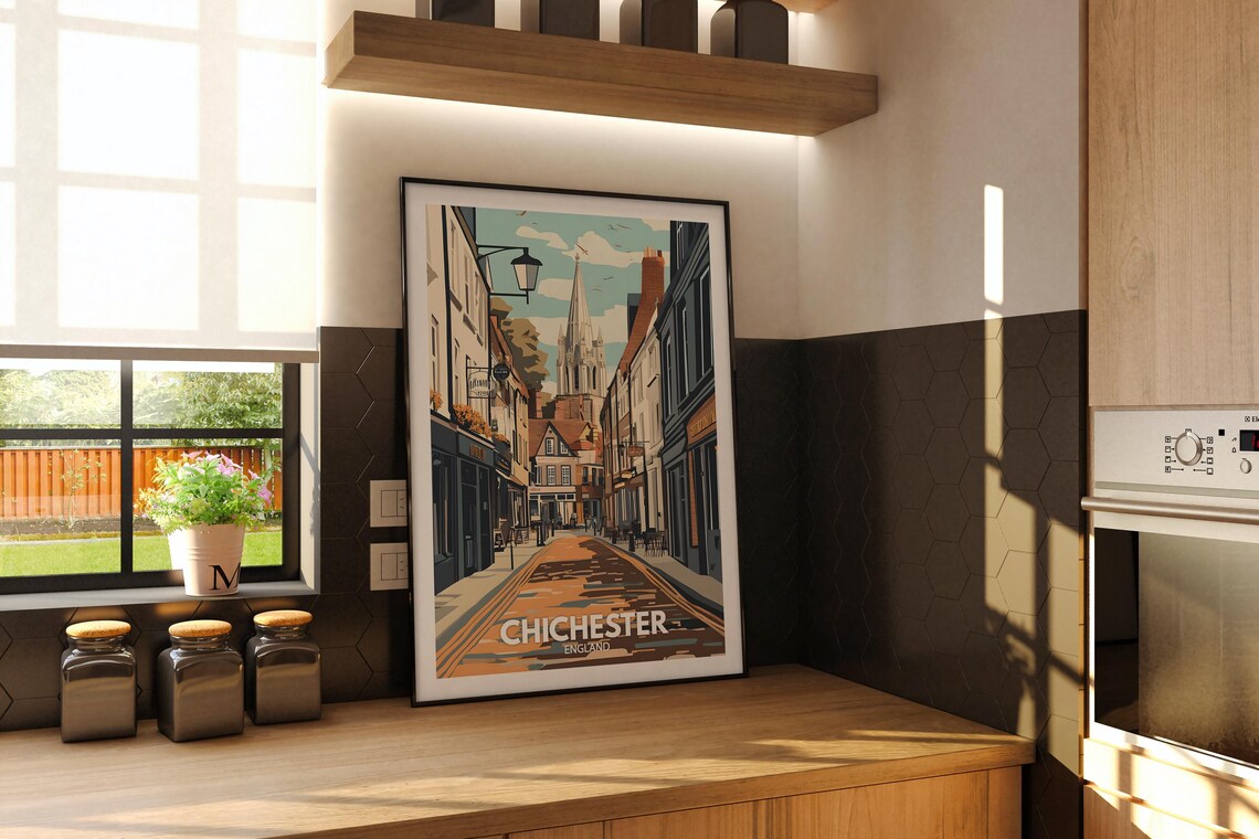 Chichester England Cathedral Spire Market Street Vintage Travel Poster - Image 2