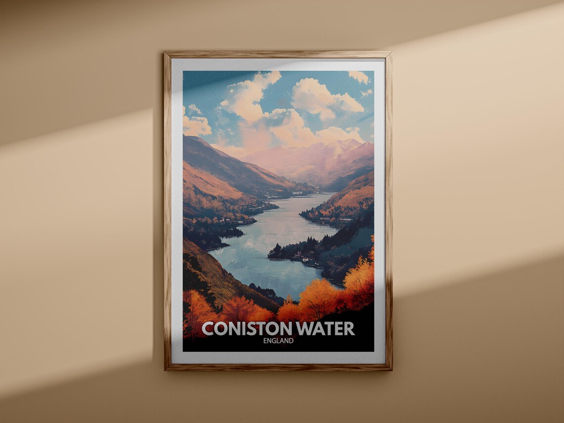 Coniston Water England Autumn Lake and Fell Mountains Travel Poster - Image 3
