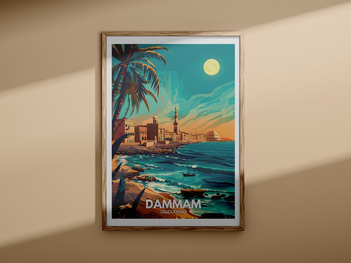 Dammam Saudi Arabia Moonlit Coastal Old Town Retro Travel Poster - Image 3