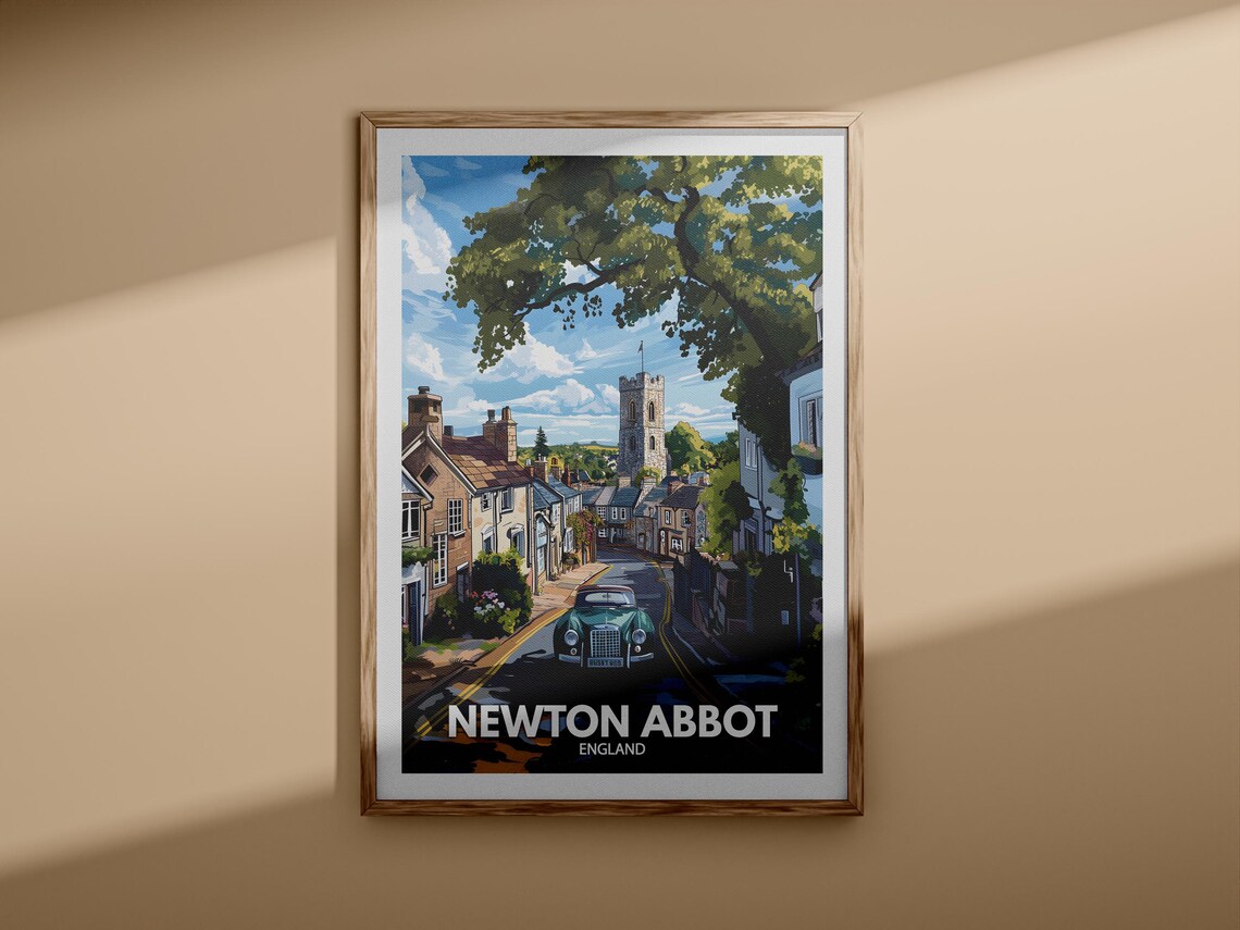 Newton Abbot England Church Tower Classic Car Vintage Travel Poster - Image 3