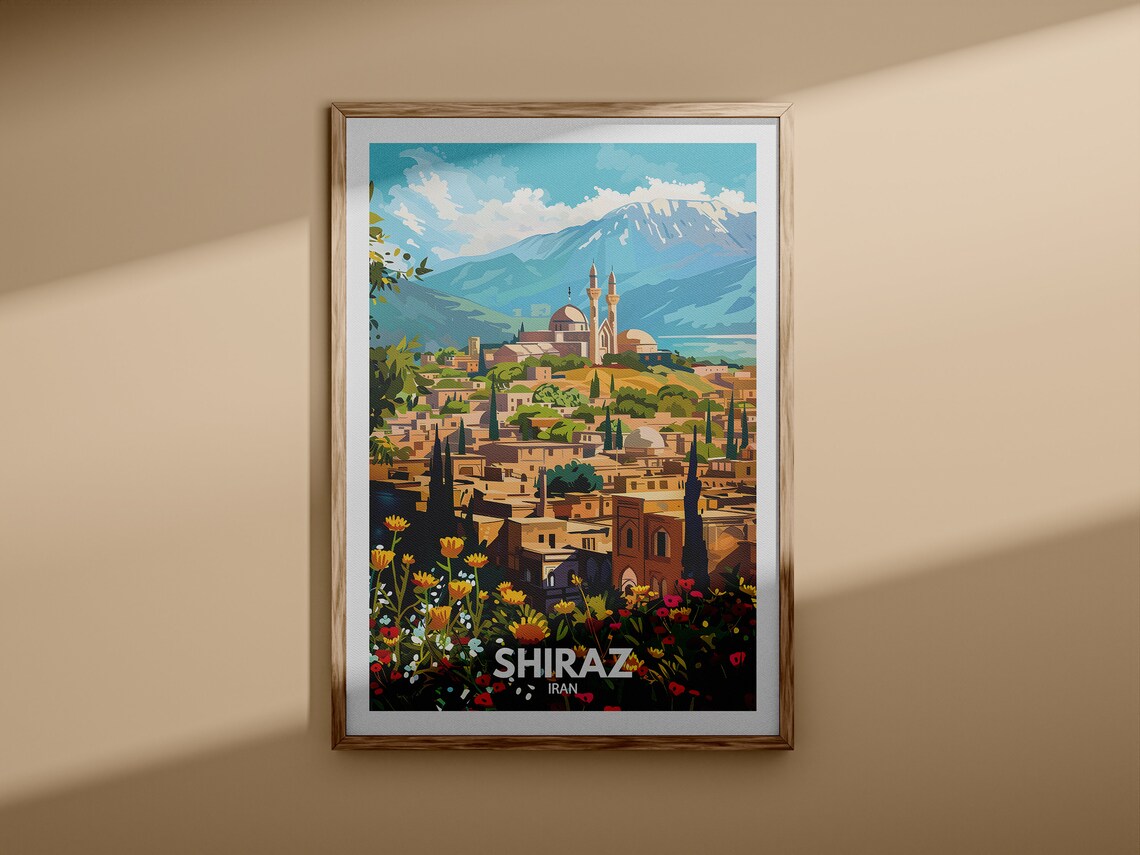 Shiraz Iran Mosque Domes Mountain Flowers Vintage Travel Poster - Image 3