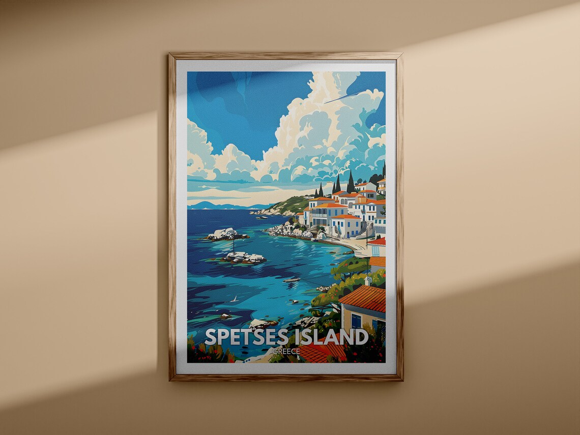 Spetses Island Greece White Houses Aegean Sea Coastline Travel Poster - Image 3
