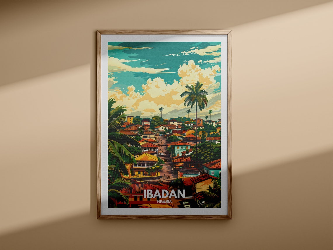 Ibadan Nigeria Palm Tree Cityscape Sunset Retro Travel Poster - Image 3