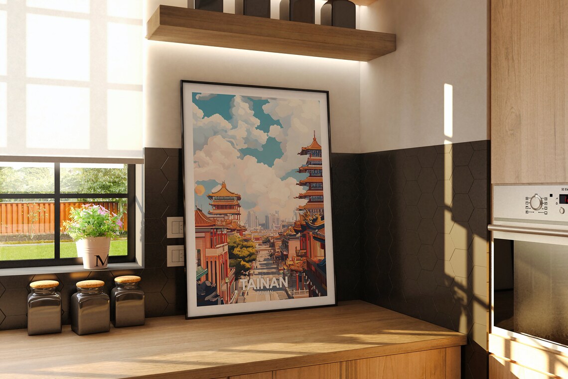 Tainan Taiwan Old Temple Roofs Historic Street Vintage Travel Poster - Image 2