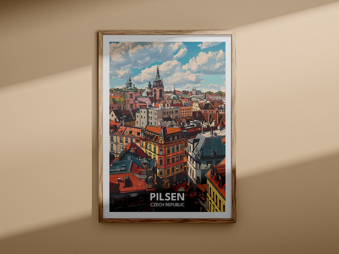 Pilsen Czech Republic Red Rooftops Old Town Churches Travel Poster - Image 3
