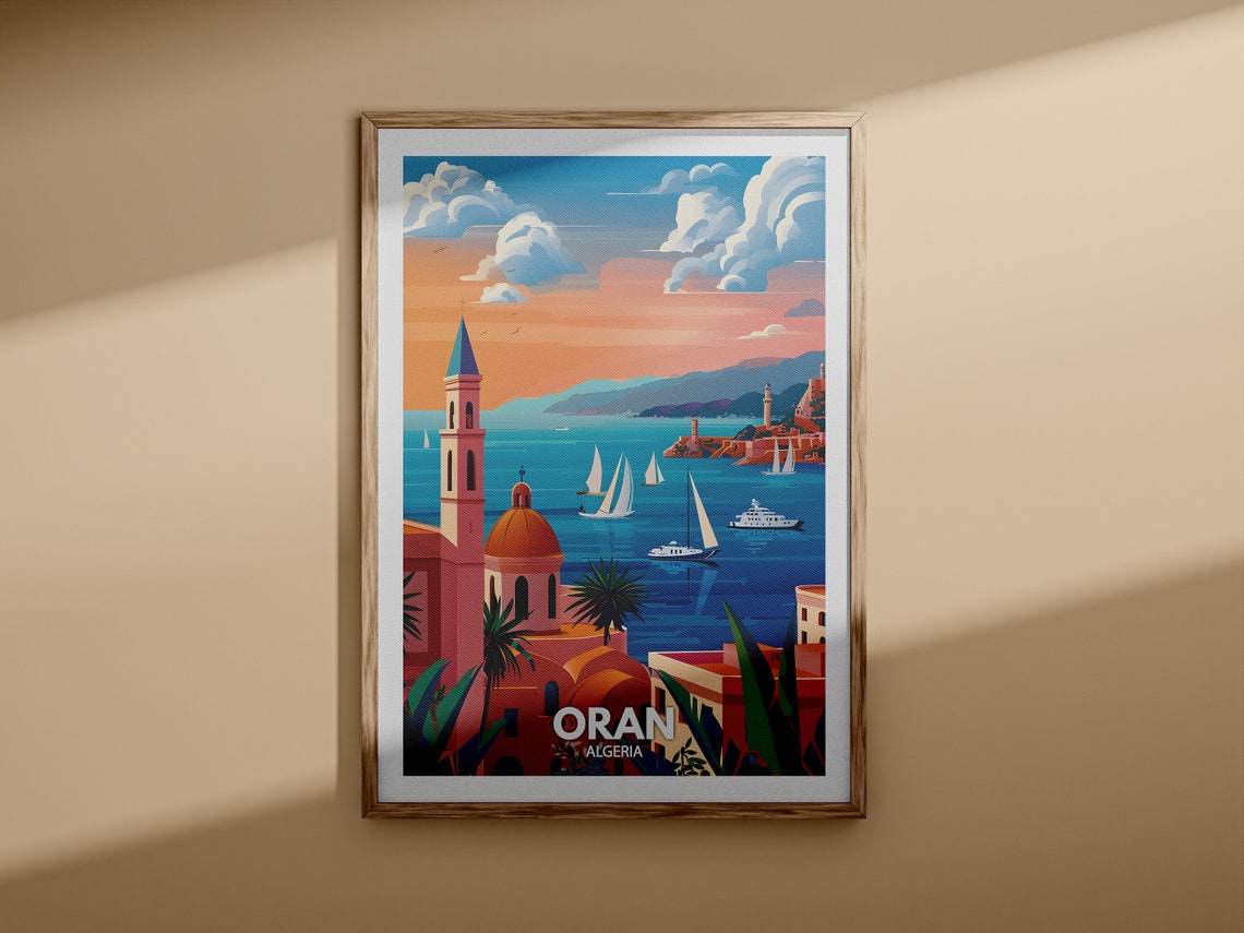 Oran Algeria Coastal Harbor Sailboats Dome Sunset Travel Poster - Image 3