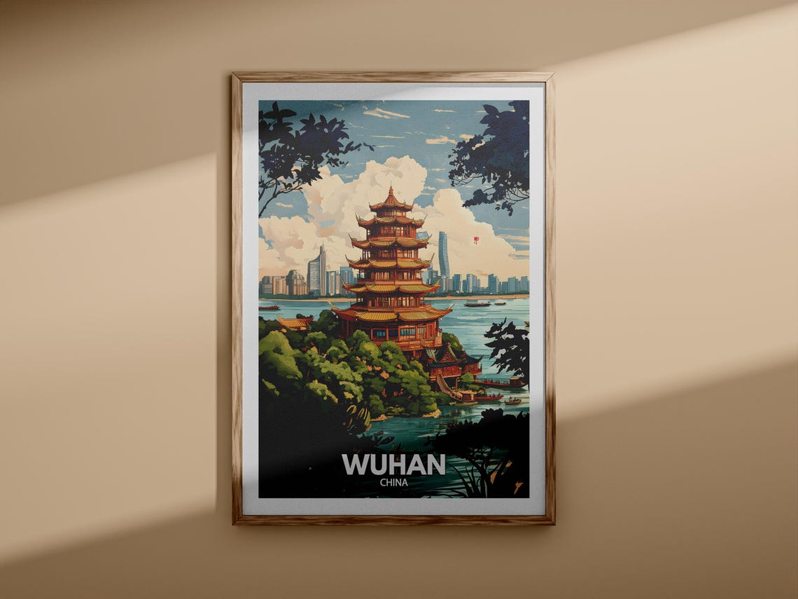 Wuhan China Pagoda Riverside Skyline Bold Illustration Travel Poster - Image 3