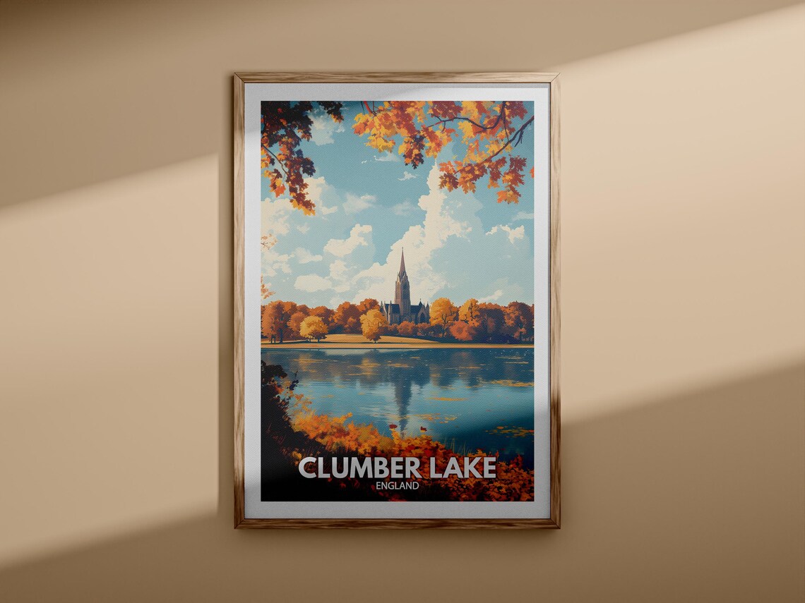 Clumber Lake England Autumn Lake Church Reflection Fall Travel Poster - Image 3