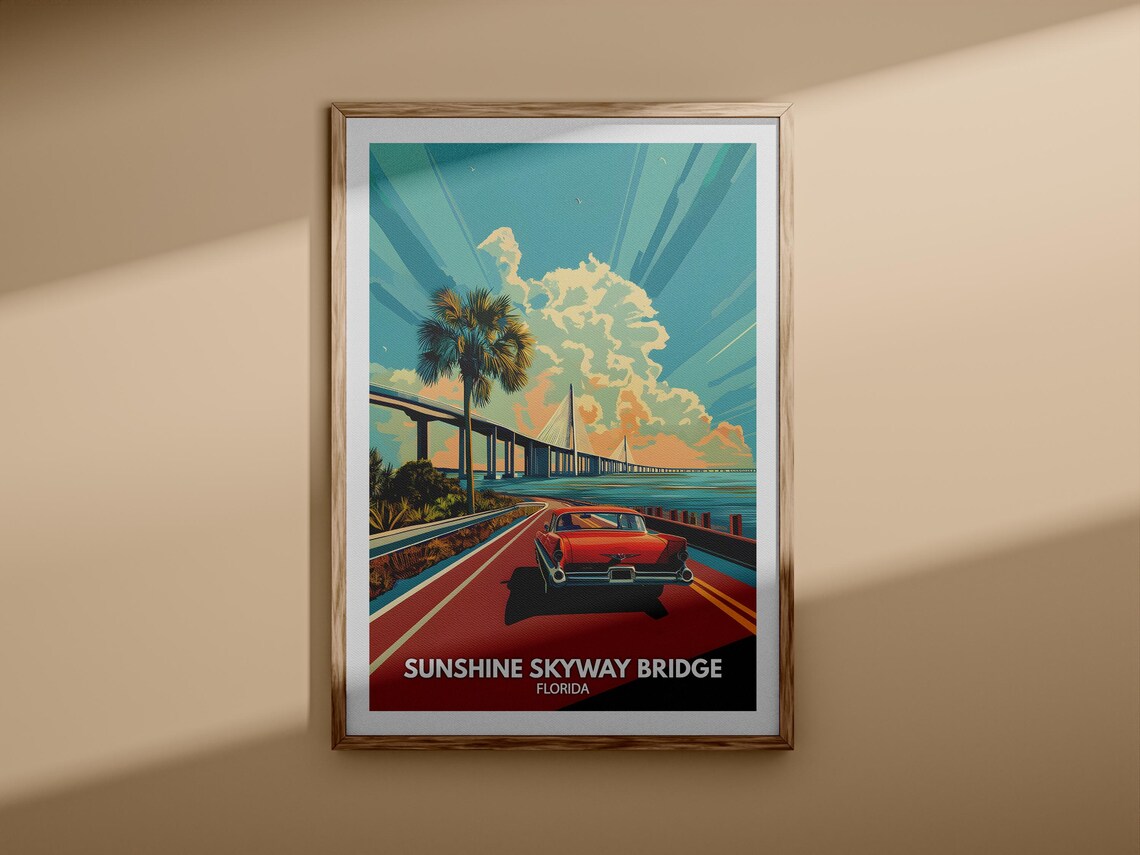 Sunshine Skyway Bridge Florida Vintage Car Travel Art Poster - Image 3
