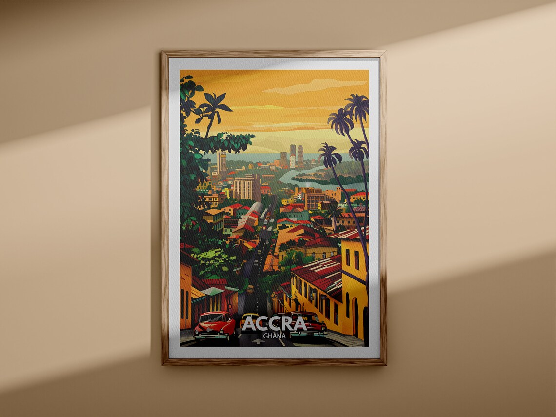 Accra Ghana Sunset City Street Vintage Cars Palms Africa Travel Scene Poster - Image 3
