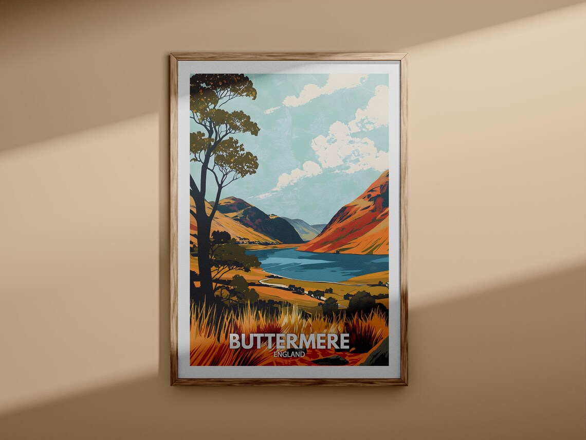 Buttermere England Golden Hills Lake Sunset Retro Travel Poster - Image 3