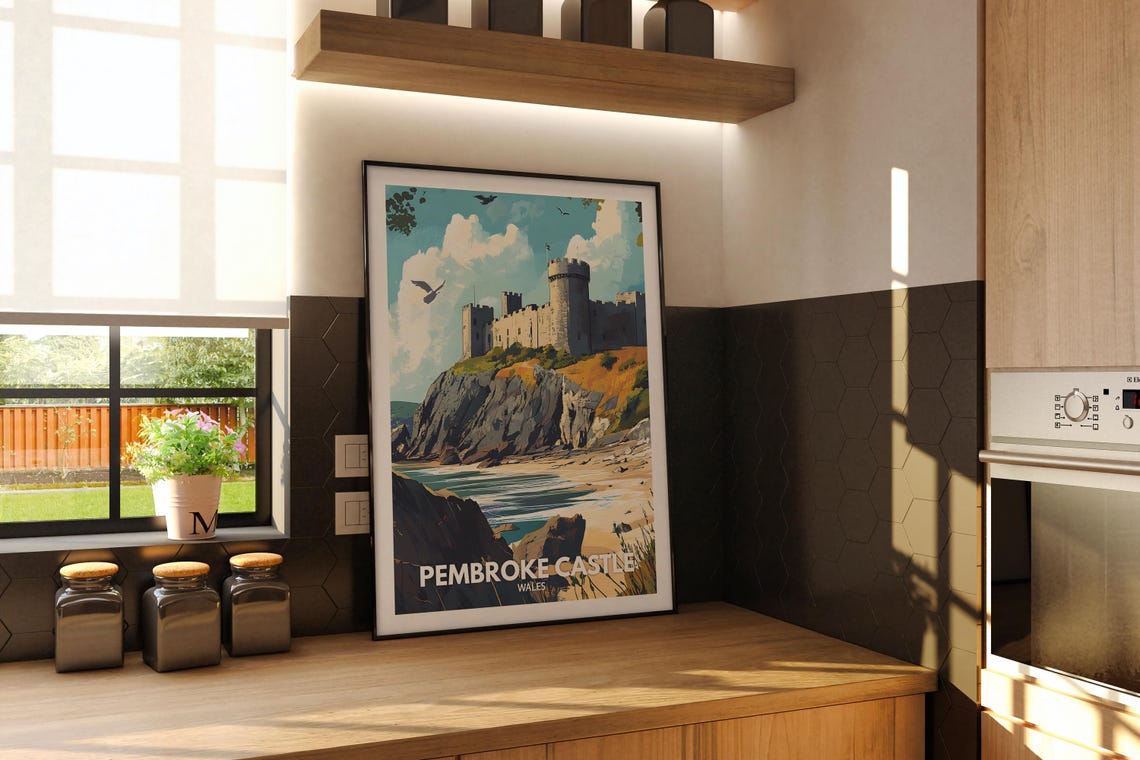 Pembroke Castle Wales Cliffside Beach Fortress Travel Poster - Image 2