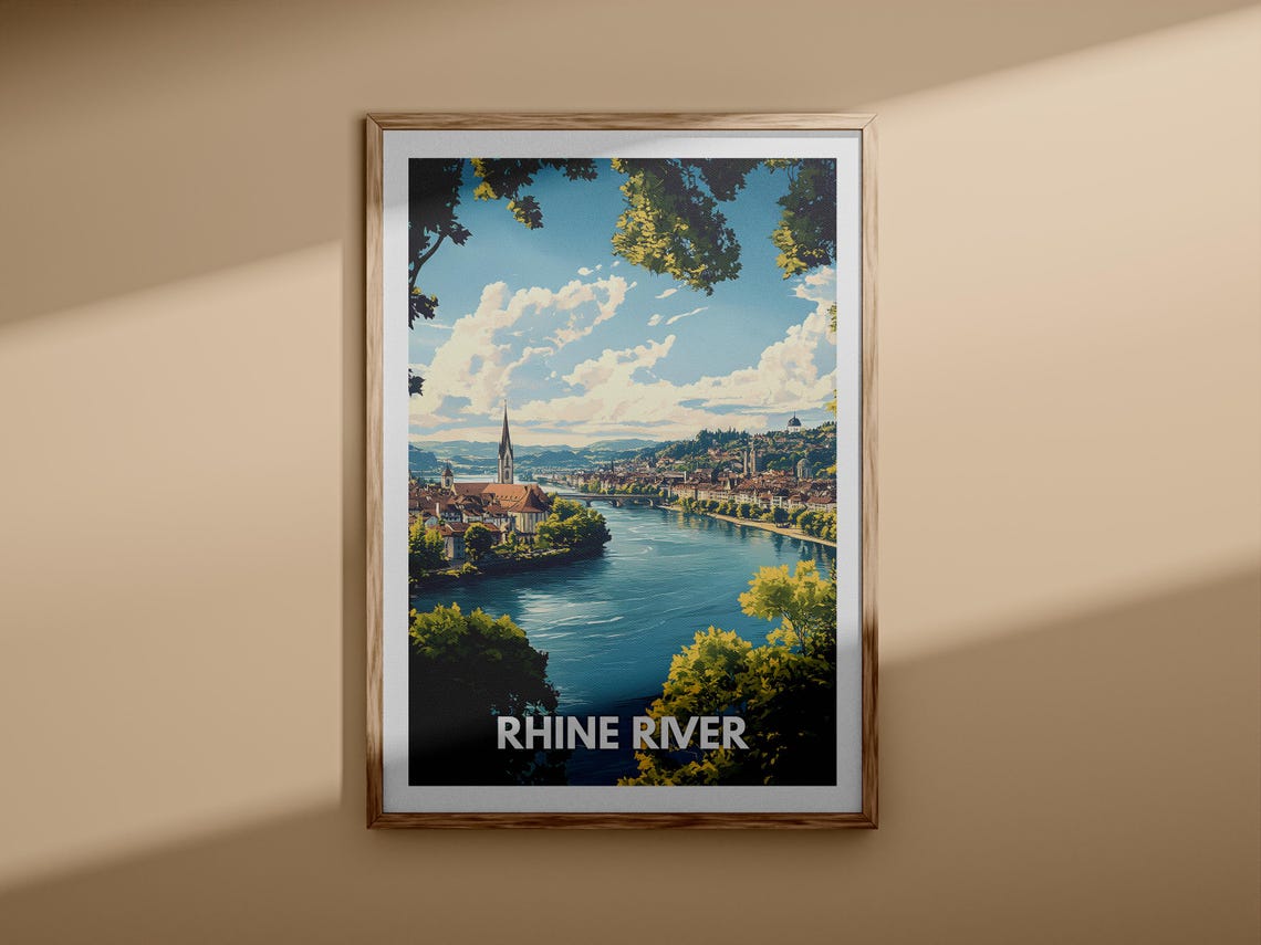 Rhine River Riverside Old Town Church Spire Retro Travel Poster - Image 3