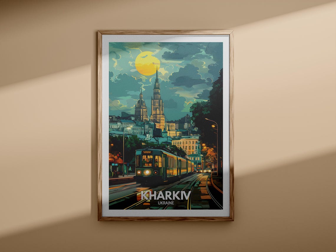 Kharkiv Ukraine Night Tram Old Town Moonlit Vintage Travel Poster - Image 3