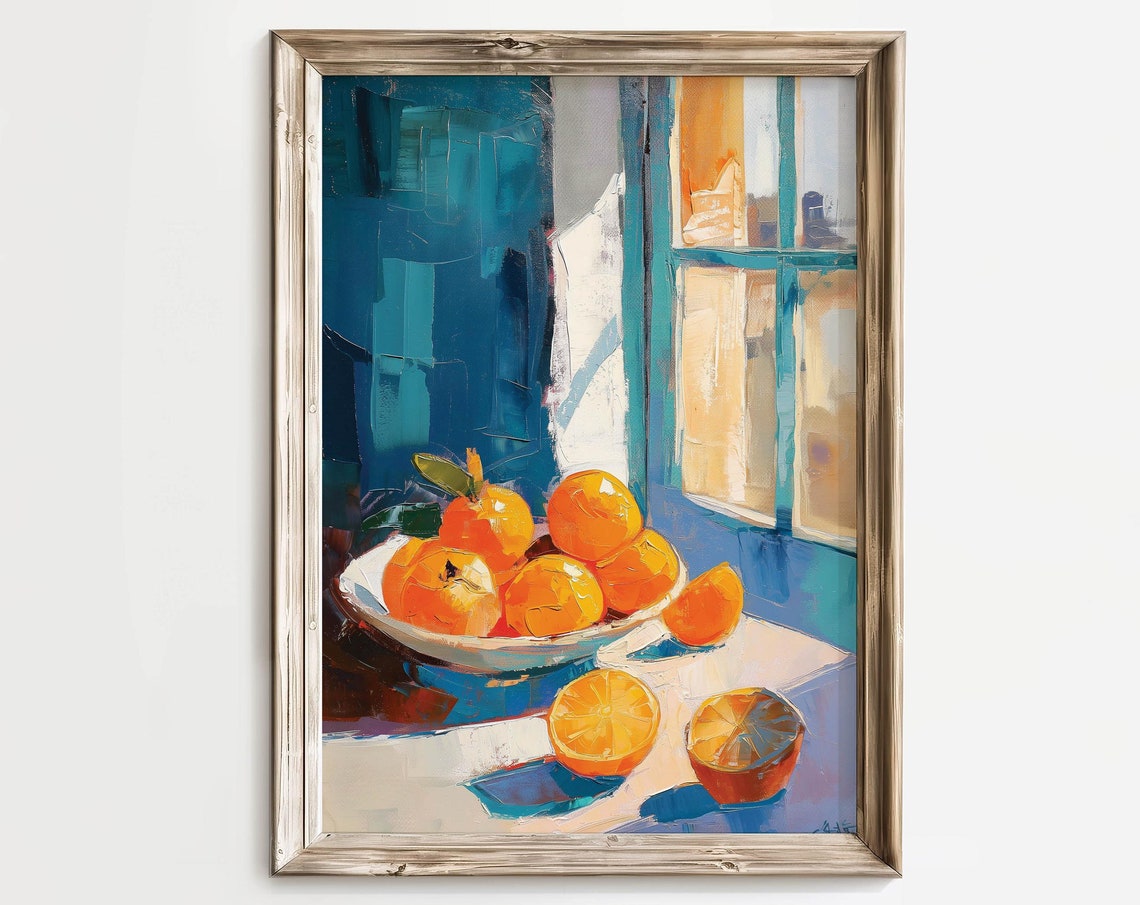 Colorful Vibrant Kitchen Still Life Painting Orange Fruit Print Next To Window In Blue Wall Decor Prints Trendy Art