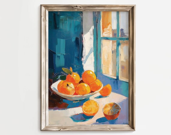 Colorful Vibrant Kitchen Still Life Painting Orange Fruit Print Next To Window In Blue Wall Decor Prints Trendy Art
