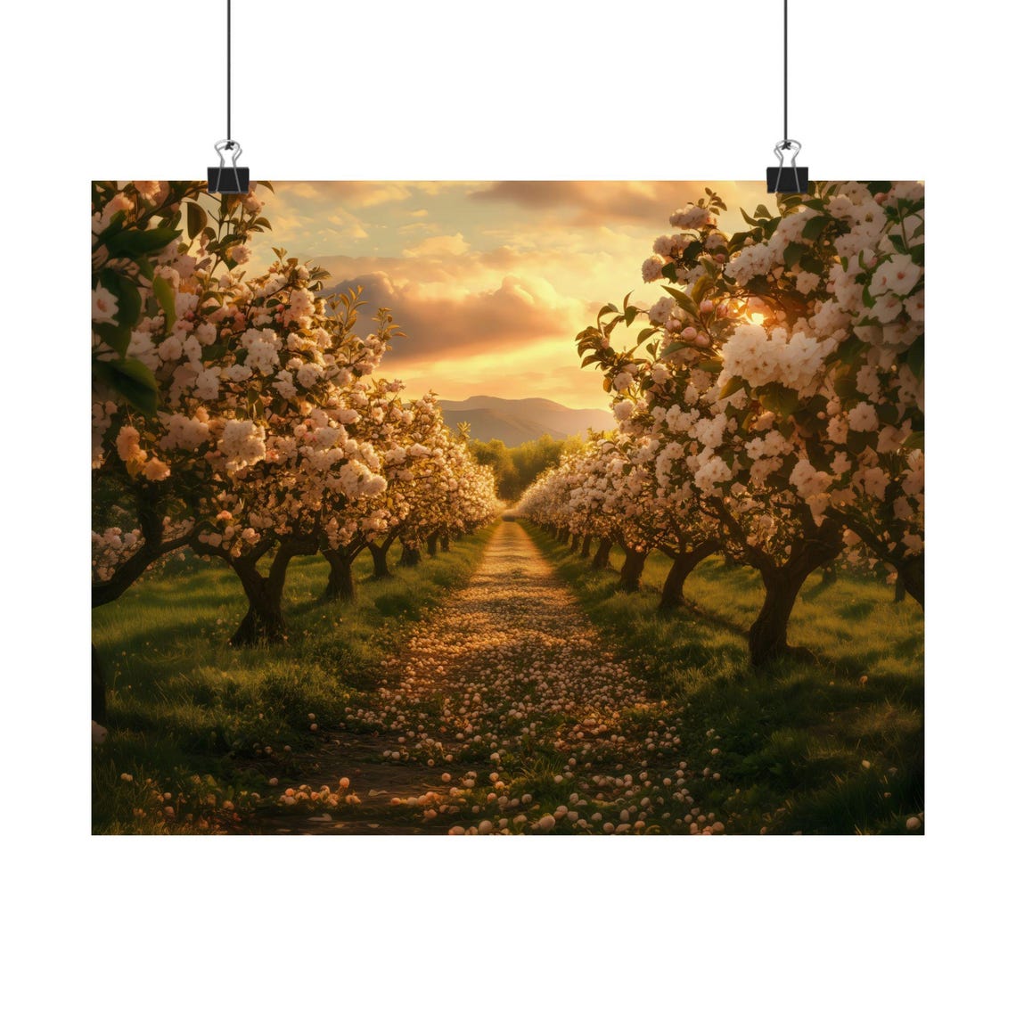 Sunset Glow Through Blooming Orchard Trees Country Path Poster