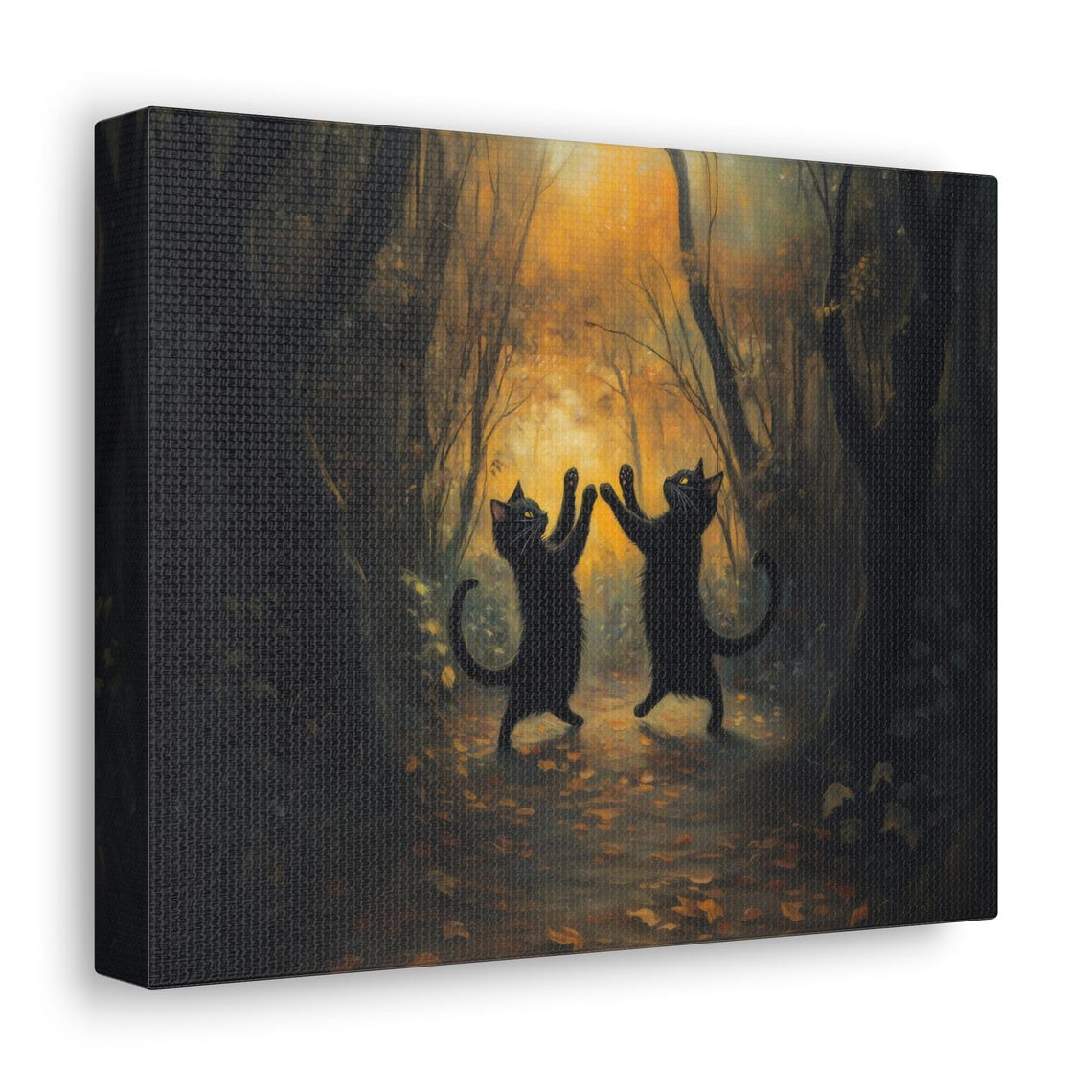 Black Cats Dancing in Enchanted Golden Autumn Forest Night Poster - Image 3