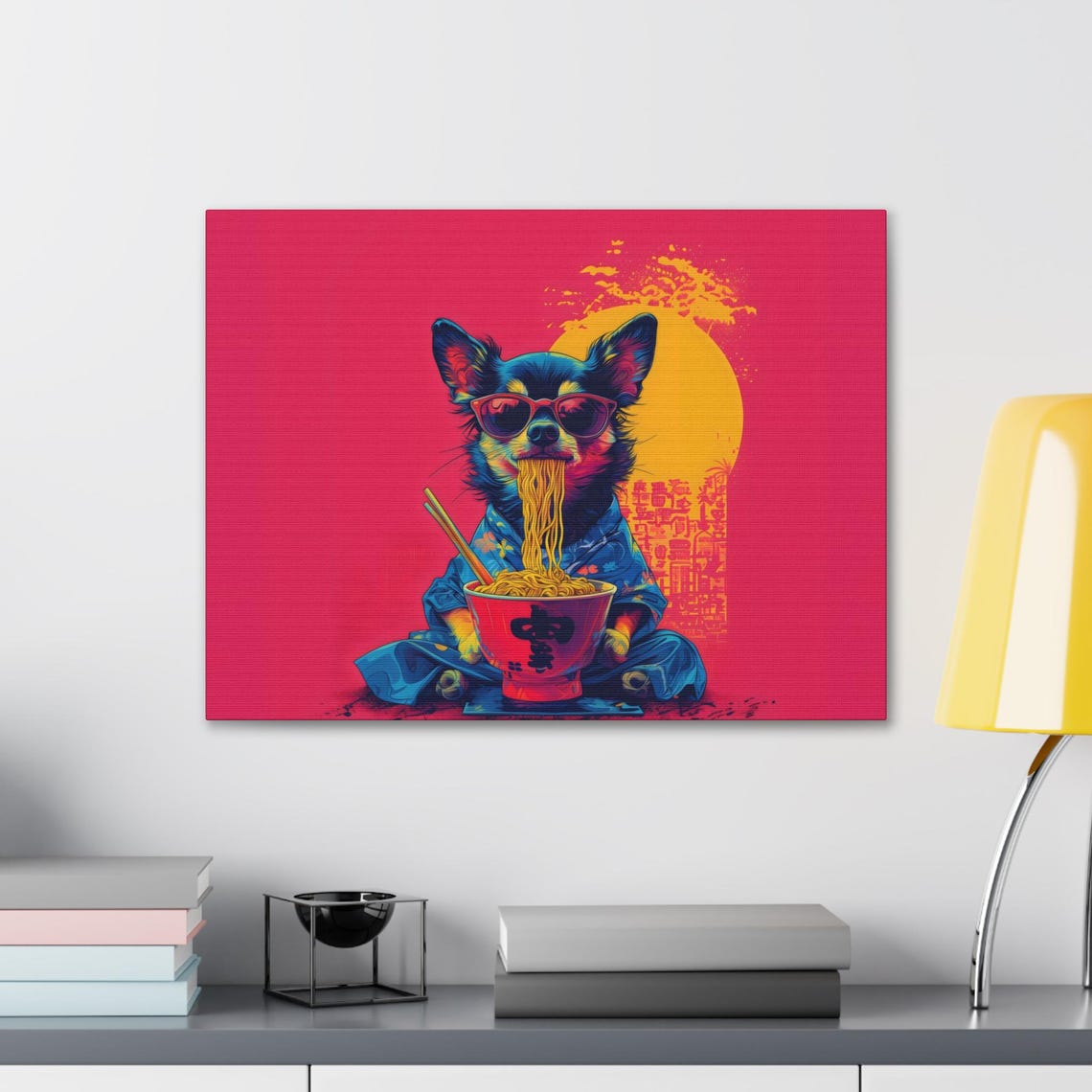 Chihuahua in Sunglasses Eating Ramen Neon Pink Pop Art Cool Dog Poster - Image 2