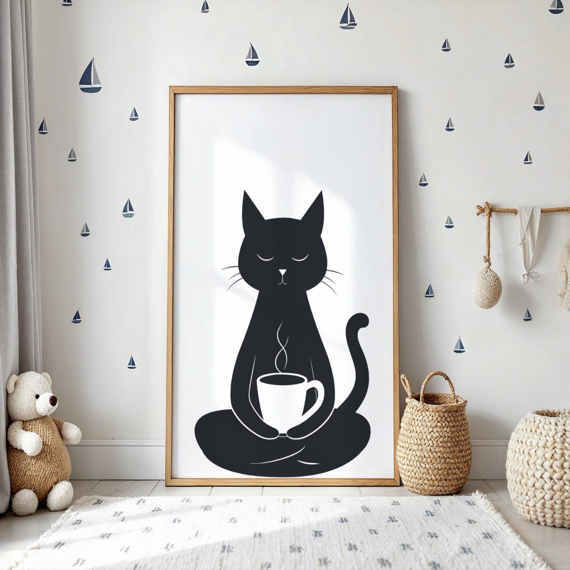 Quirky Black Cat Coffee Wall Art Poster For Nursery Kitchen Or Playroom Decor Lover Gift