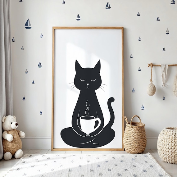 Black Cat Coffee Mug Meditating Funny Cozy Kitchen Decor Poster