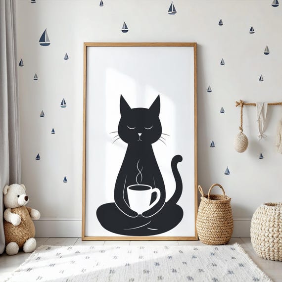 Quirky Black Cat Coffee Wall Art Poster For Nursery Kitchen Or Playroom Decor Lover Gift