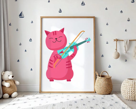Funny Cool Cat Wall Art Music Lover Poster Pink And Blue Animal Print For Playroom Decor Gift