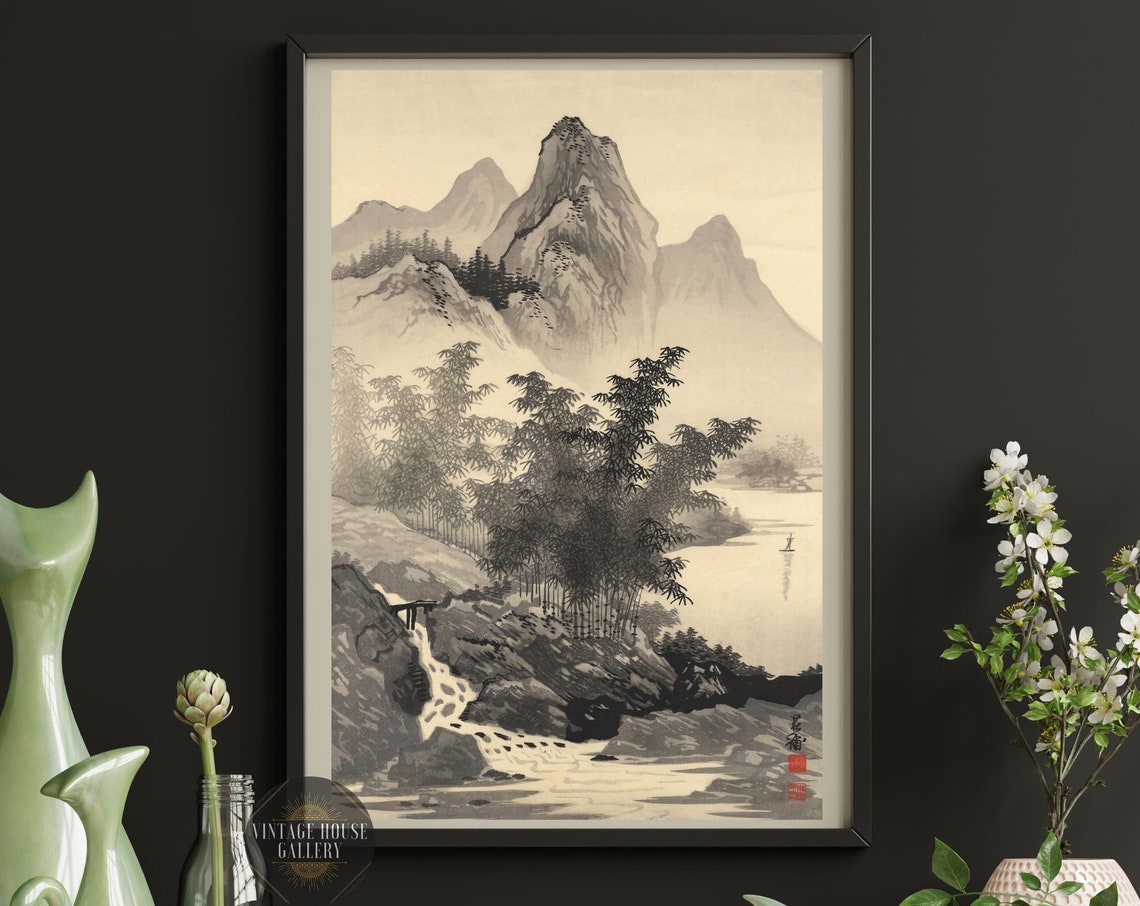 Bamboo and Mountain Tekiho Imoto Ink Landscape Woodblock Poster