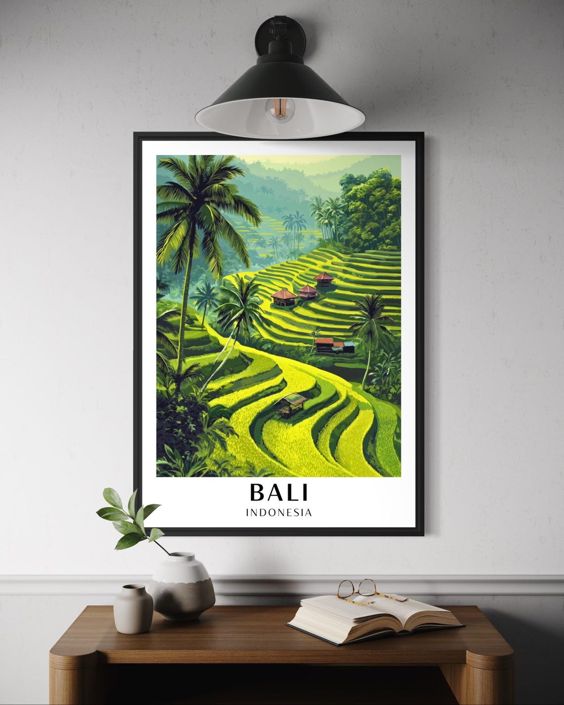 Bali Indonesia Rice Terraces with Palm Trees Travel Art Poster