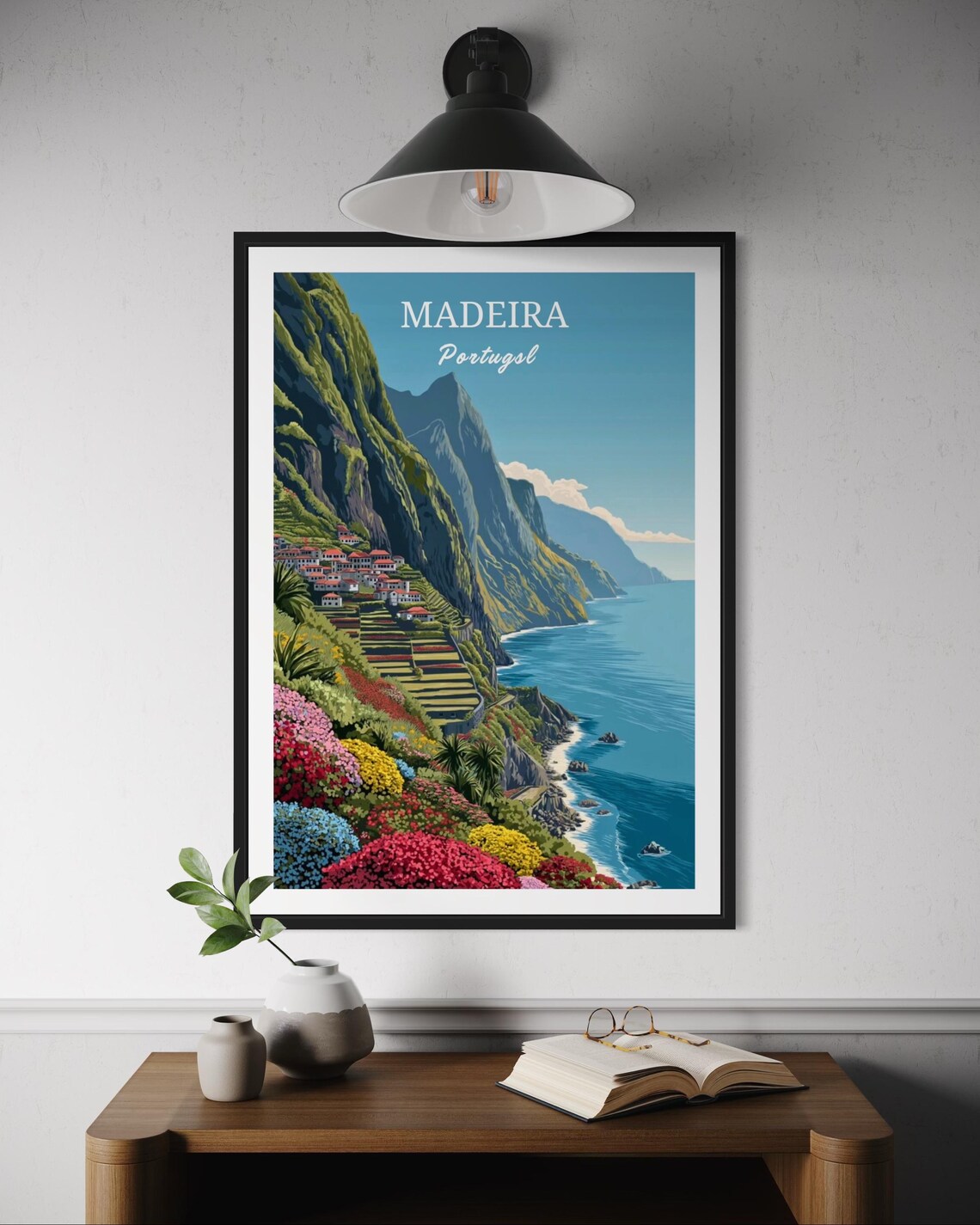 Madeira Portugal Terraced Village Cliffs Blooming Hills Travel Poster