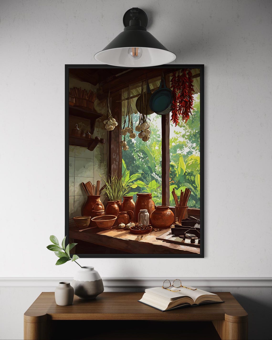 Rustic Farmhouse Kitchen Clay Pots Hanging Herbs Window Art Poster