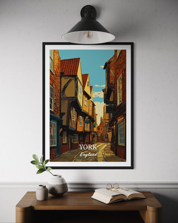 York The Shambles Poster Historic Street Wall Art Uk Travel Print England Decor Medieval Architecture Illustration Europe