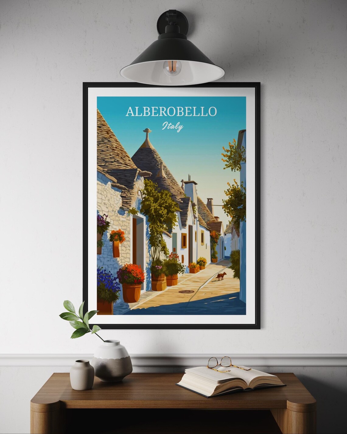Alberobello Italy Trulli Alley Flower Pots Sunny Street Scene Poster