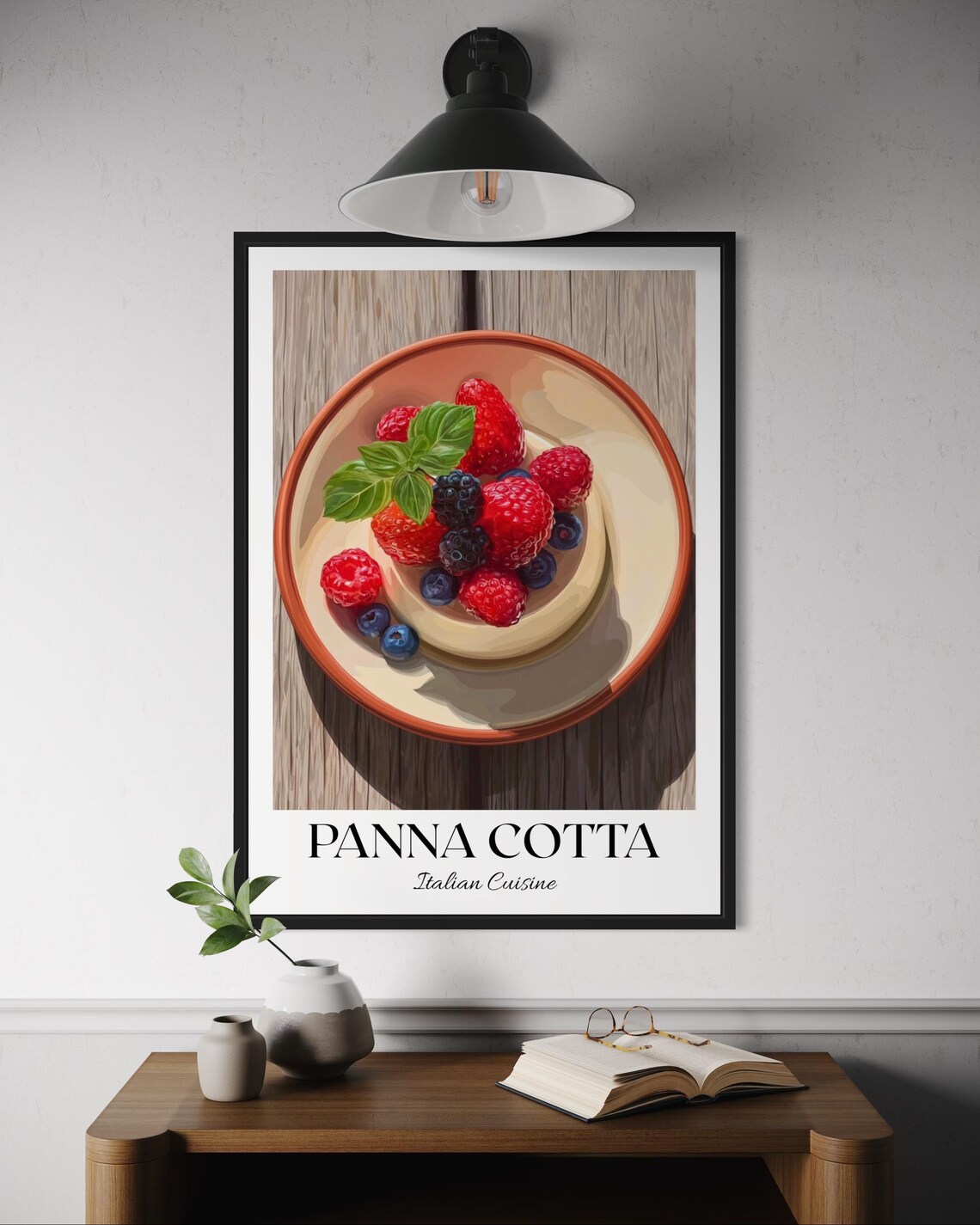Panna Cotta Italian Dessert Poster with Fresh Berries for Kitchen Wall Decor