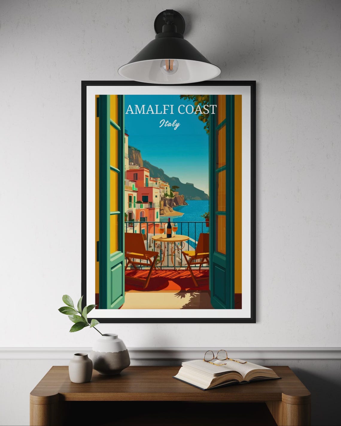 Amalfi Coast Italy Balcony View Wine Table Cliffside Travel Poster