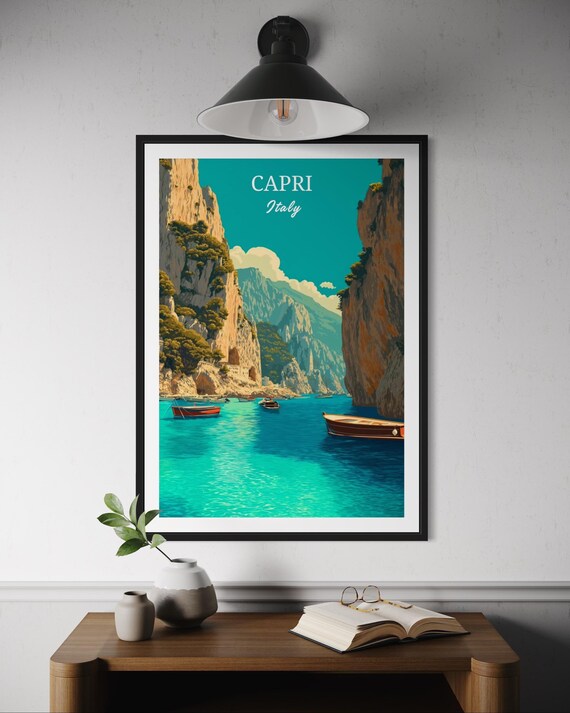 Capri Italy Travel Poster Limestone Cliffs Turquoise Water Boats Scene