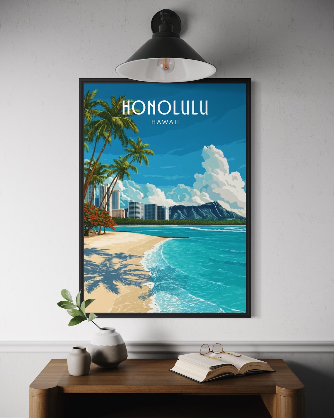 Honolulu Travel Poster, Hawaiian City Skyline