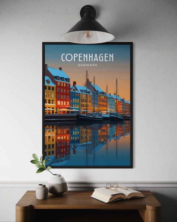 Copenhagen Winter City Poster Danish Skyline Wall Art Snowy Nyhavn Harbor Print European Travel Gift Denmark Decor Christmas