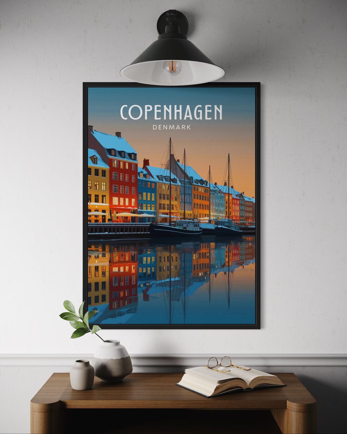 Copenhagen Denmark Winter Snowy Nyhavn Harbor Dusk Reflection Poster