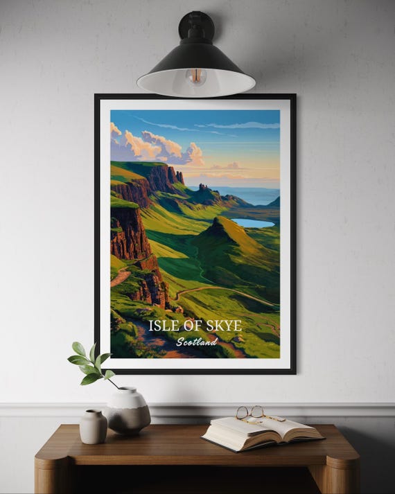 Isle Of Skye Scotland Travel Poster Quiraing Wall Art Print Nature Hike Decor Green Mountain Path Illustration Scottish Highlands