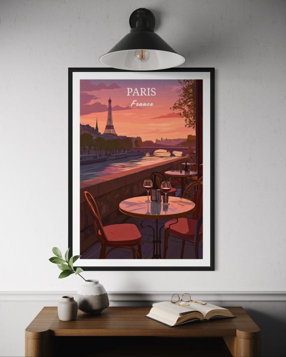 Paris Eiffel Tower Poster Balcony View Wall Art France Travel Print Parisian Cityscape Decor Romantic Illustration