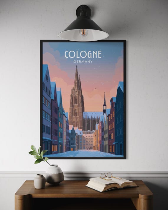 Cologne Winter City Poster, German Skyline Travel Poster