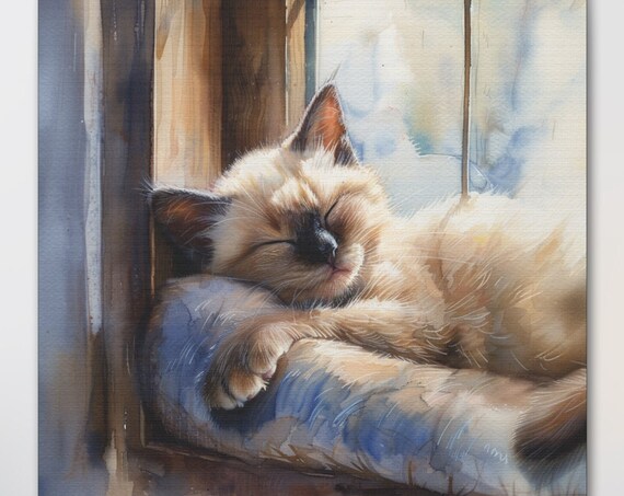 Siamese Kitten Sleeping on Windowsill Cushion Watercolor Poster